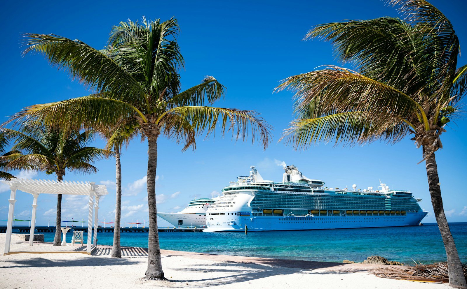 Cruise ship sailing beside a tropical beach